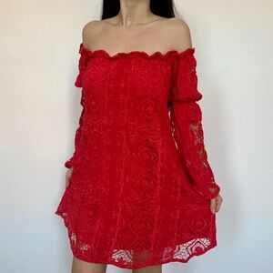 NEW For Love + Lemons Red Lace Crochet Mini Dress Off Shoulder